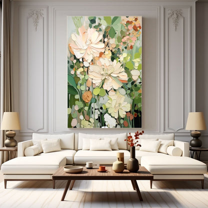 Large abstract floral canvas adds soft color and texture to a formal living room with decorative wall moulding, elegant white sectional, and classic symmetry.