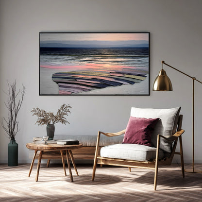 Colorful textured art in a stylish reading corner with a wood-framed armchair, dark red pillow, and warm brass floor lamp.