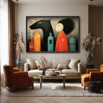 Sophisticated folk art creates an evocative, intellectual atmosphere in a traditional living room with dried pampas grass.