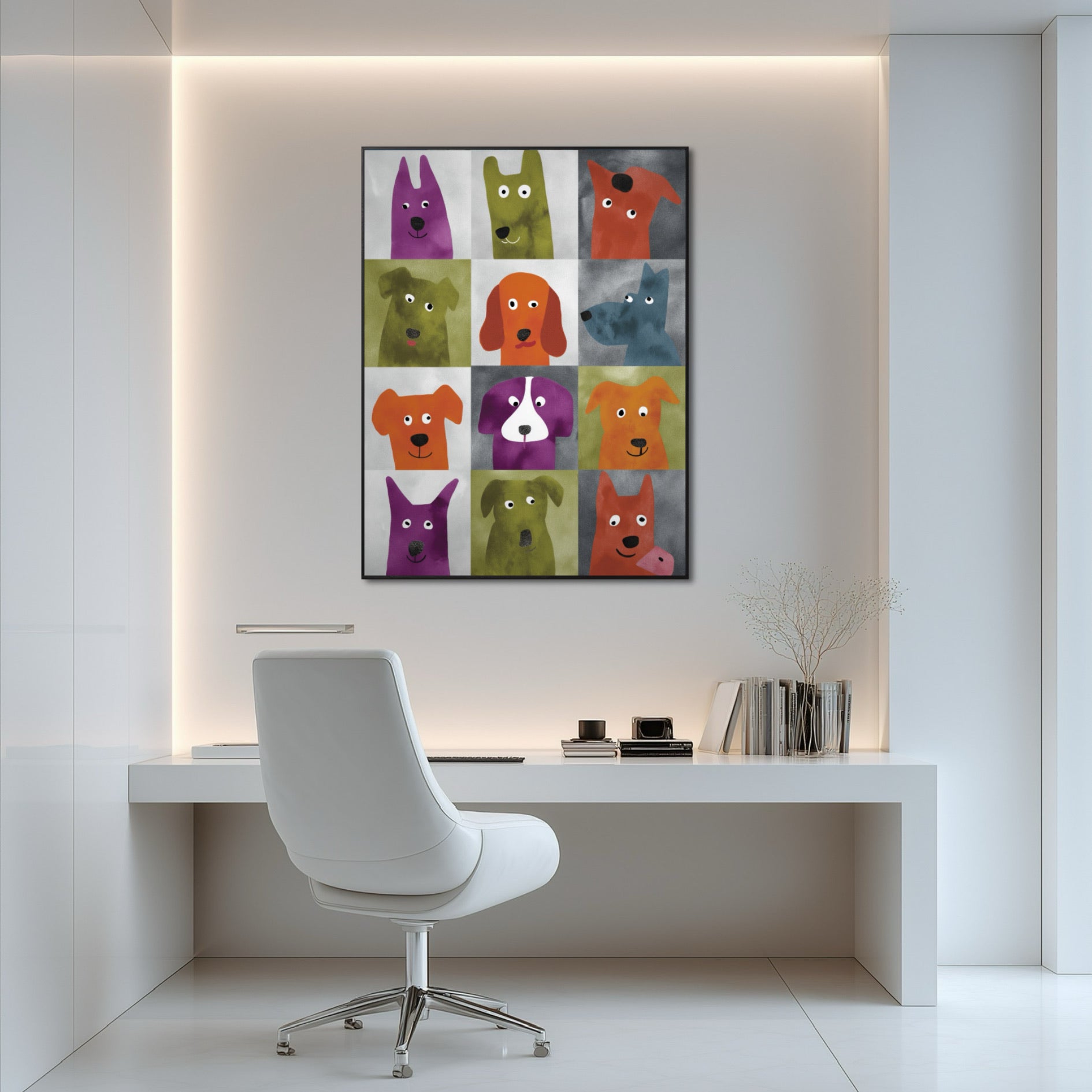 A colorful pop art dog painting adds a playful splash of personality to a sleek, minimalist white home office, hanging above the desk.