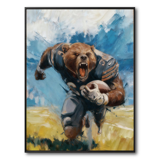 Original framed painting of an aggressive grizzly bear mascot for the Chicago Bears, running with a football in a modern style.