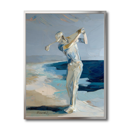 Original abstract golf oil painting in cool blue tones. Textured impasto golfer on beach. Modern coastal wall art decor.