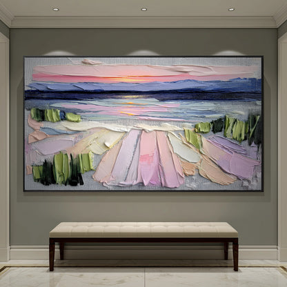 Original impasto landscape art adding a strong color contrast and texture to a minimalist hallway with gray walls, white marble floor, and a long bench.
