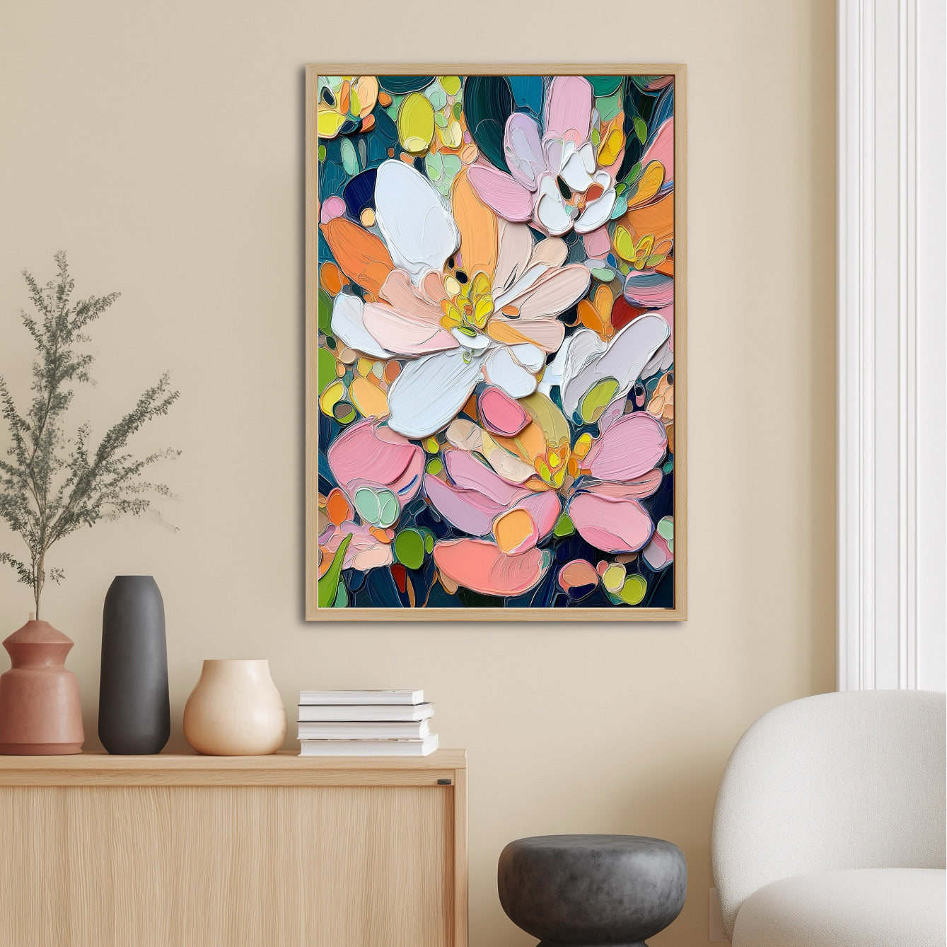 Abstract impasto painting adds a punch of color and texture to a contemporary nook with a light wood sideboard, neutral chair, and modern ceramic vases.