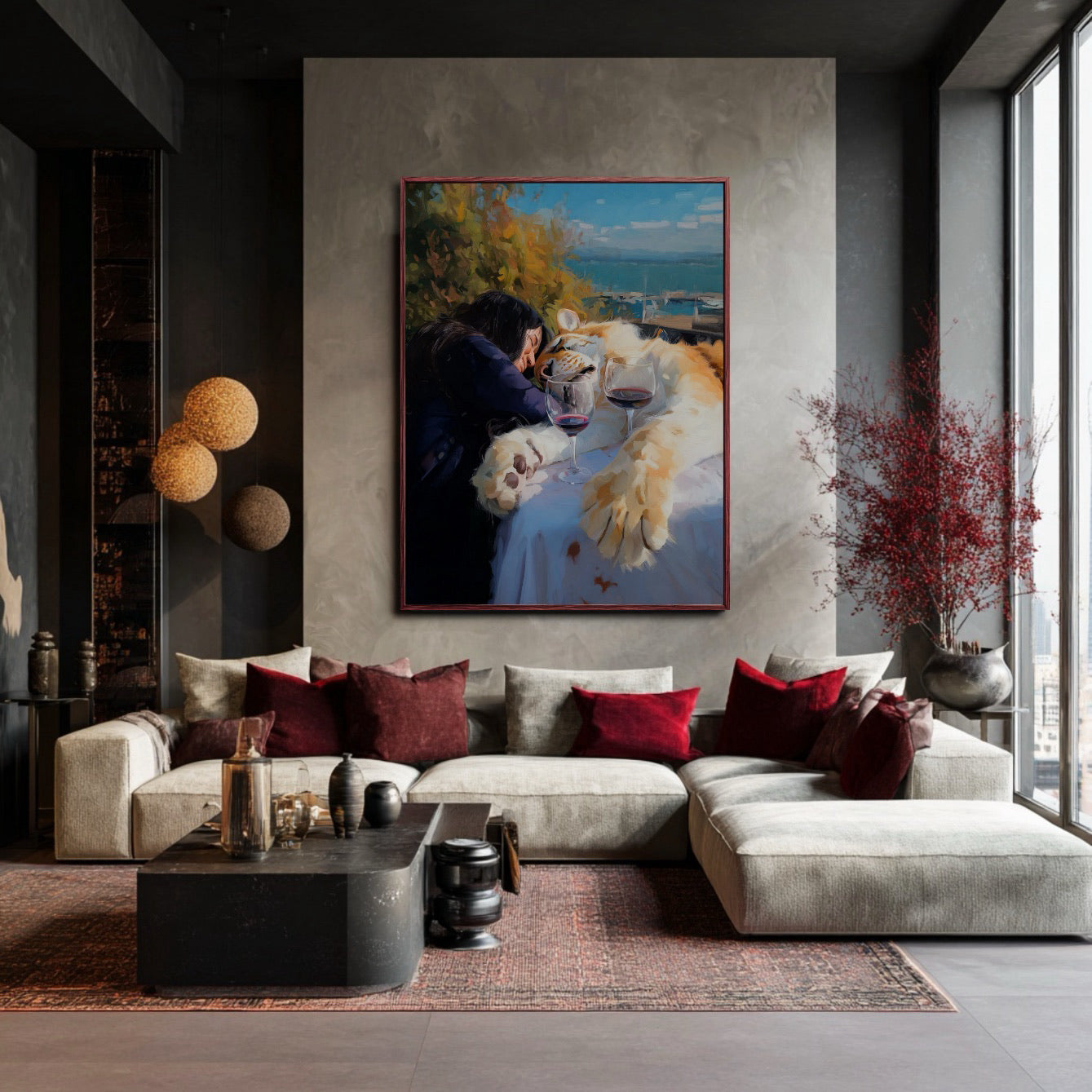 Original oil painting of tiger on table in a dark, moody, industrial living room. Grey concrete wall, deep red accents, modern sectional.