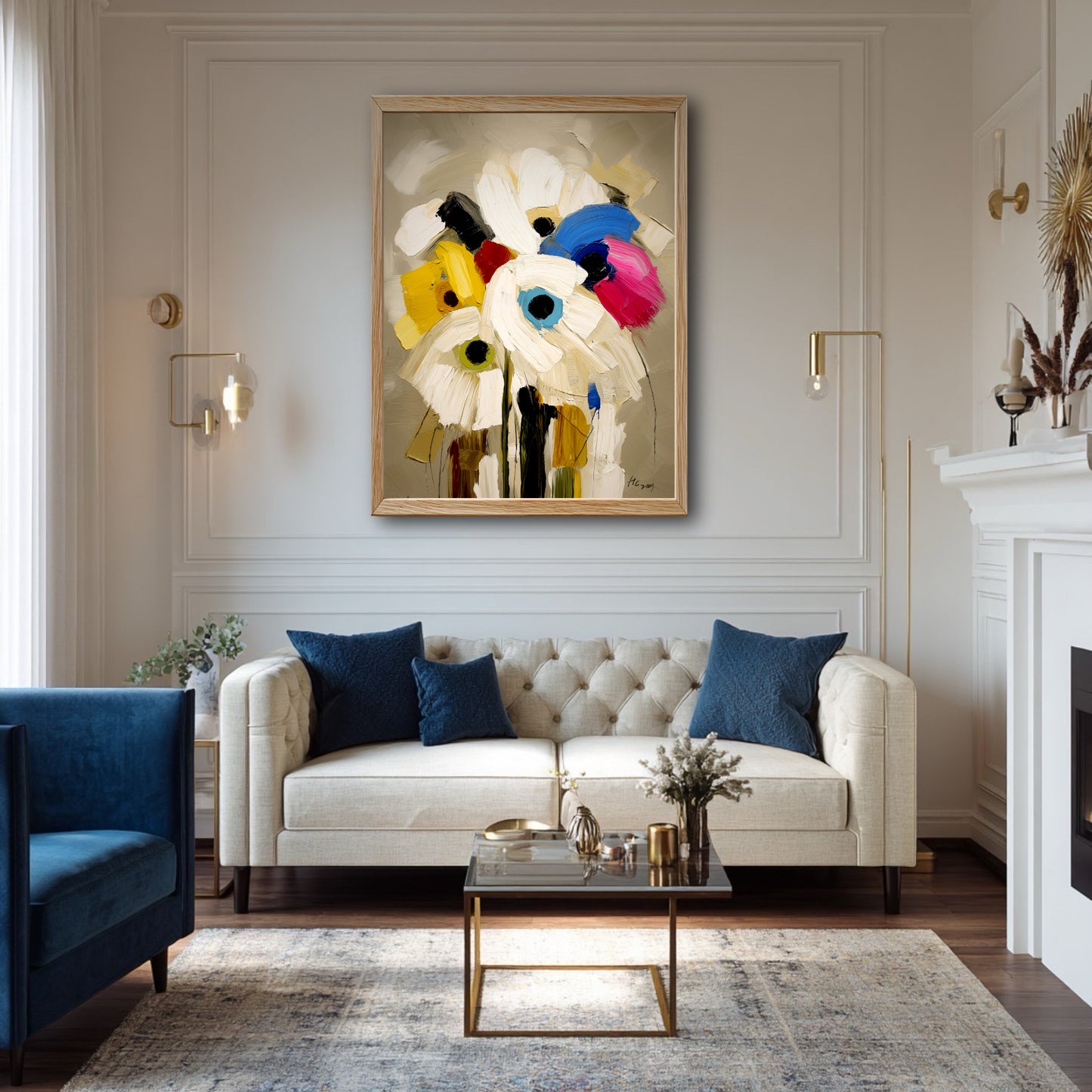 Modern textured flower painting grounding a luxury living room. Bold blue accents and classic molding highlight elegant decor.