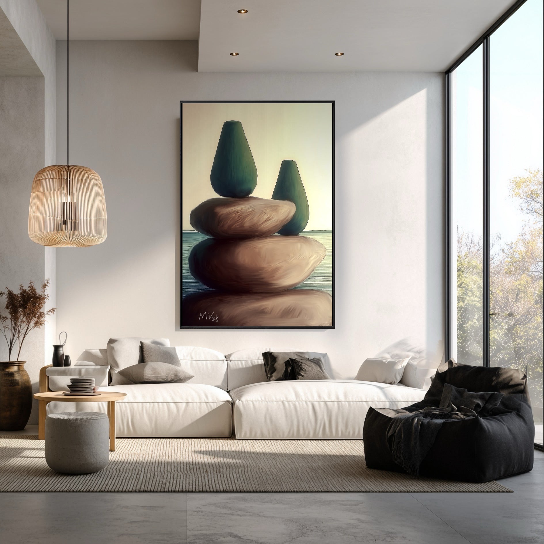 Minimalist stone art enhances the organic, relaxing vibe of a sun-drenched lounge with a textured rattan pendant lamp.