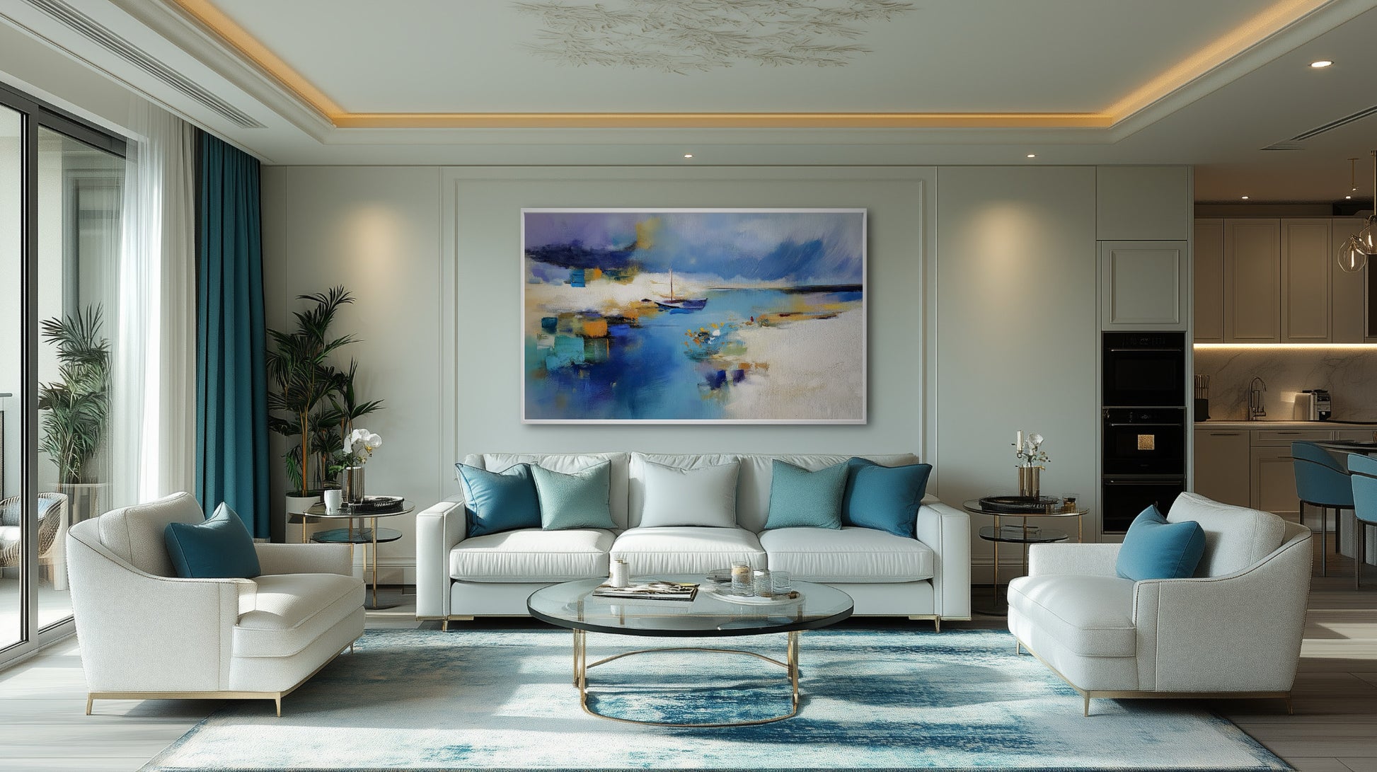 Intense blue abstract art perfectly coordinating with the teal velvet curtains and cushions, enhancing the elegant, transitional living room design.