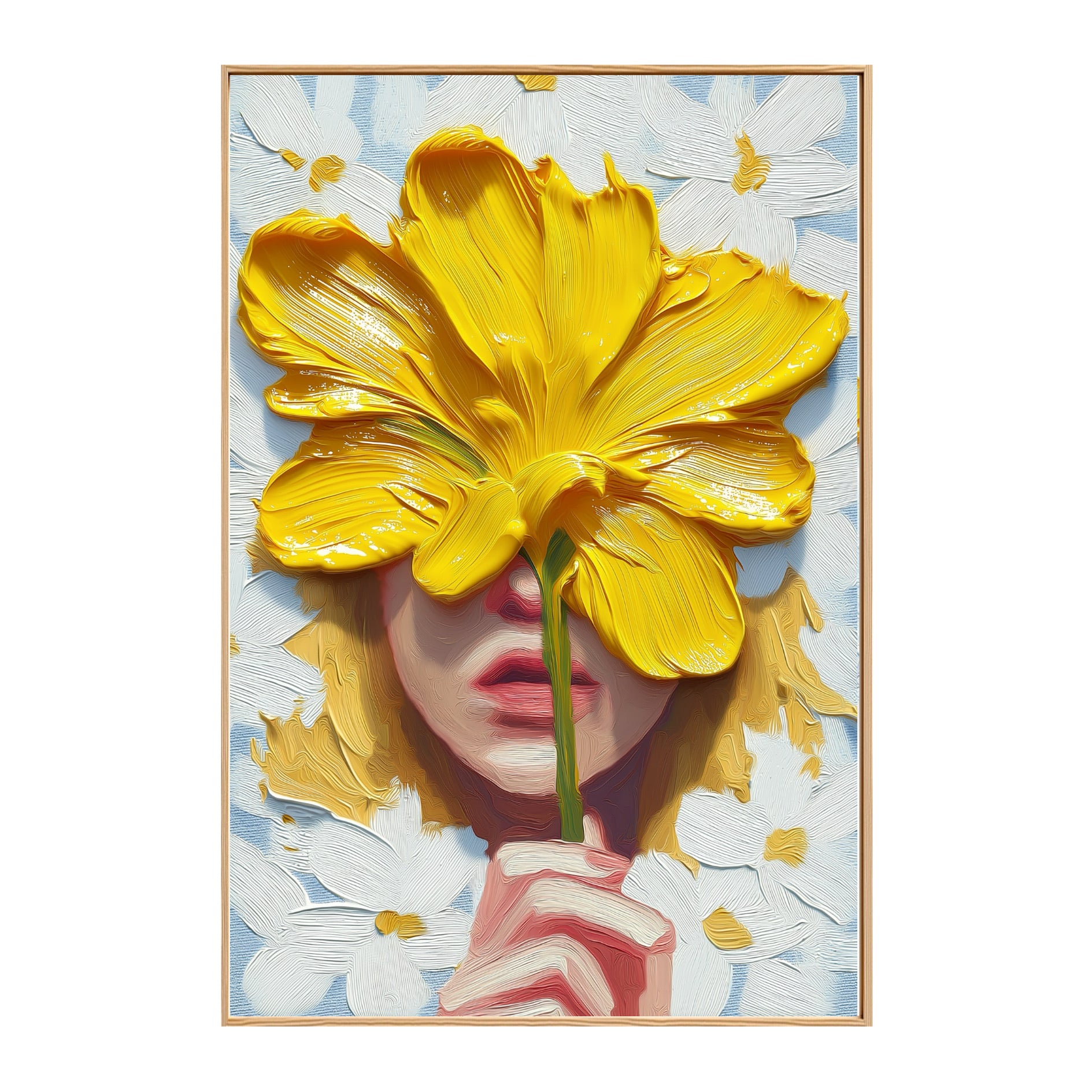 Original hand-painted portrait. Textured yellow flower and red lips oil painting on a light blue and white floral background, vibrant and cheerful.