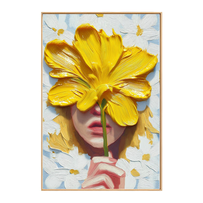 Original hand-painted portrait. Textured yellow flower and red lips oil painting on a light blue and white floral background, vibrant and cheerful.