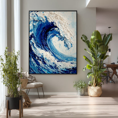 The large vertical ocean painting's natural theme complements the tall houseplants and airy, minimalist decor in this bright living space.