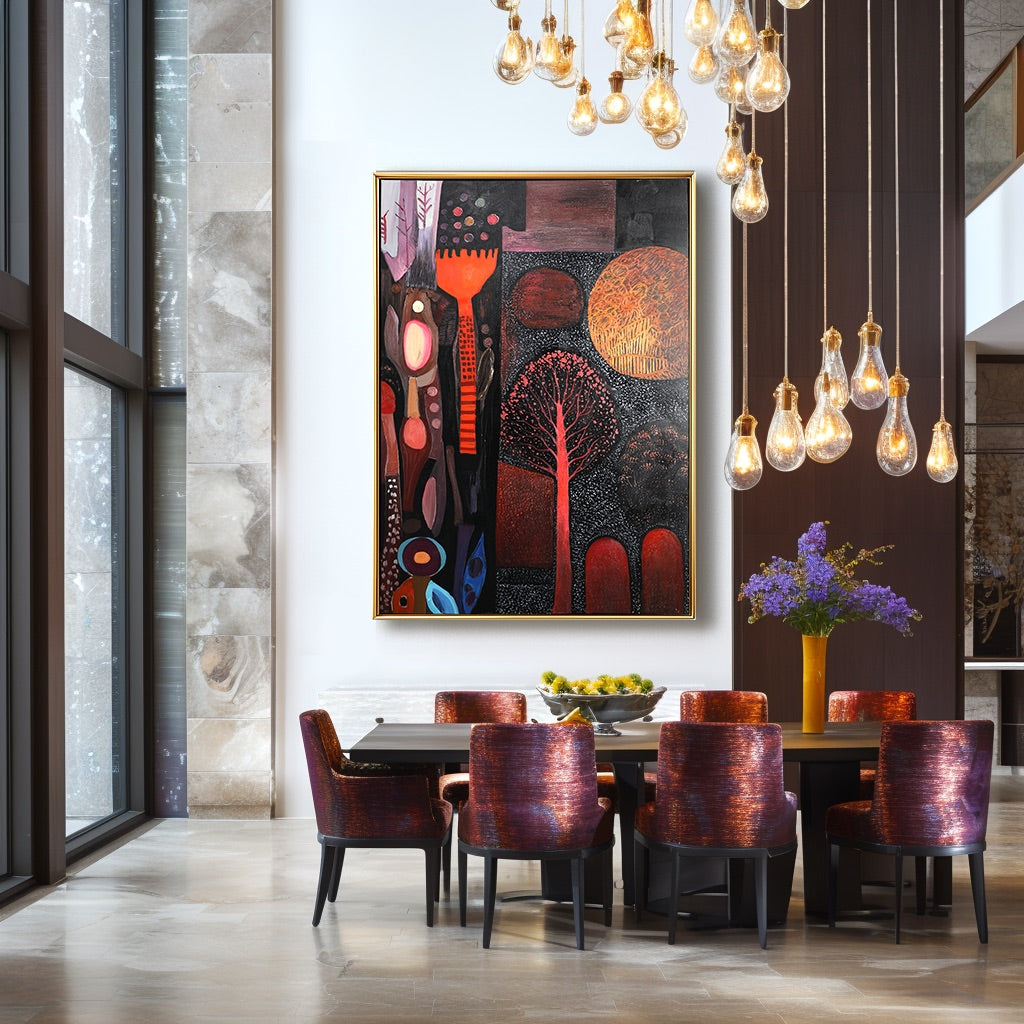 Warm abstract painting behind a dining set with purple-red chairs and a dramatic, hanging cluster light fixture.