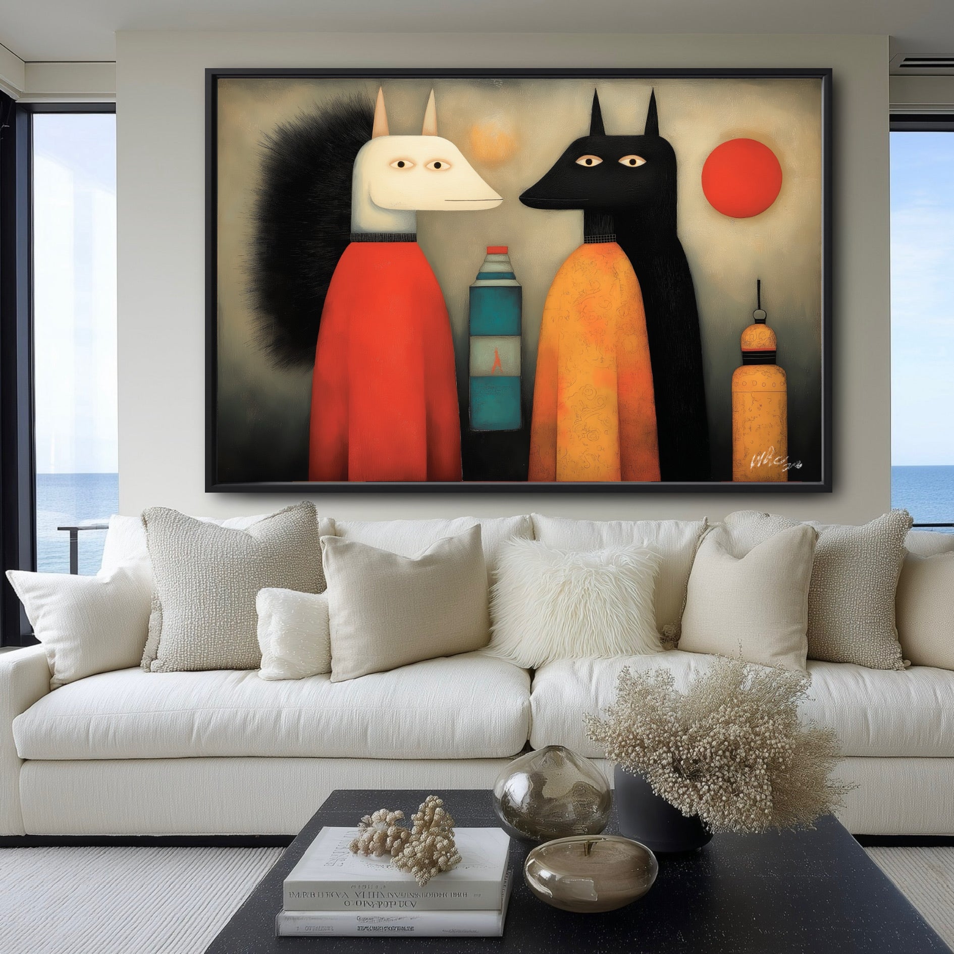 Whimsical animal painting acts as a colorful centerpiece in a bright, white-on-white coastal living room.