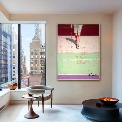 Original contemporary golf canvas in a luxury high-rise apartment. The geometric style complements the sleek urban skyline.