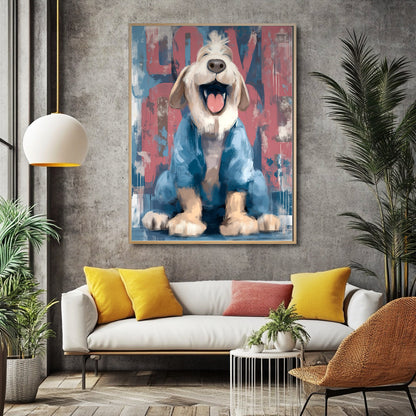 Smiling dog canvas provides a colorful, playful focal point in an industrial living room with a concrete wall and yellow accents.