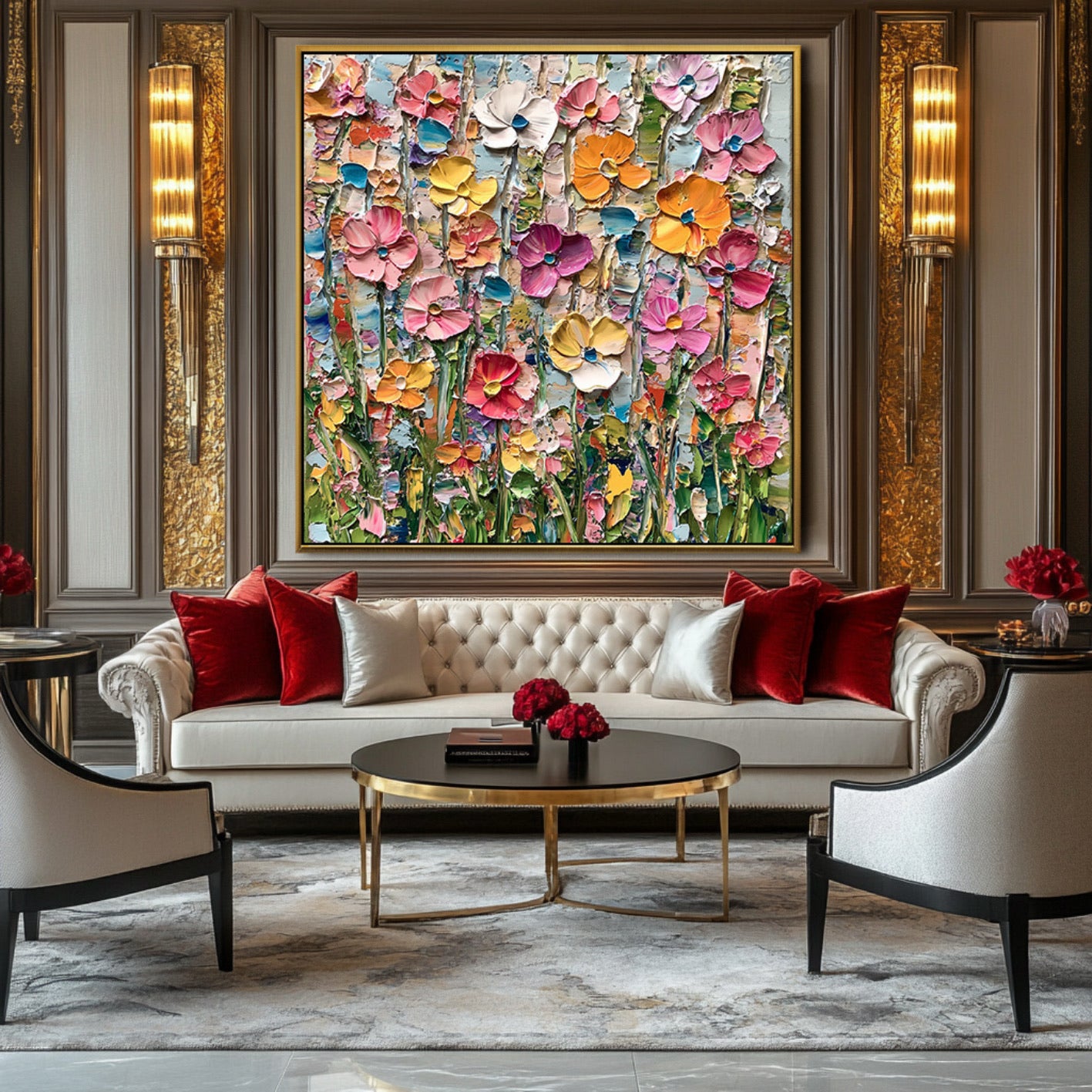 Vibrant impasto floral art provides a stunning, colorful focal point against the dark, luxurious paneling and neutral tufted seating in a formal room.