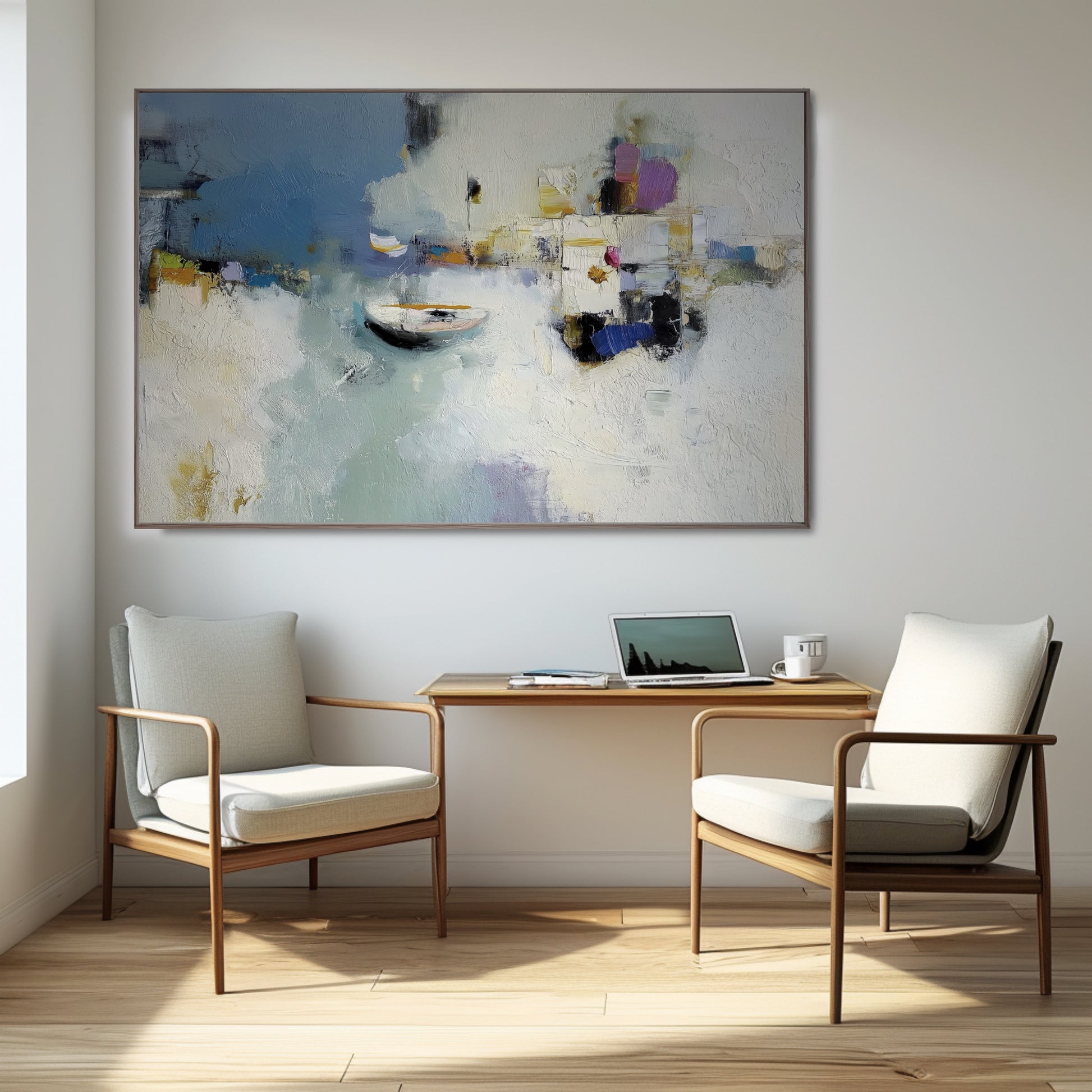 Tranquil abstract harbor art creating a calm, reflective backdrop for a minimalist home office with mid-century wood accent chairs.