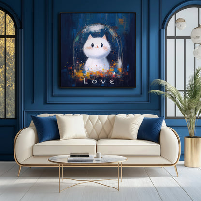 The abstract cat painting's deep blue tones perfectly complement the formal, blue moulded walls in this elegant and sophisticated living room.
