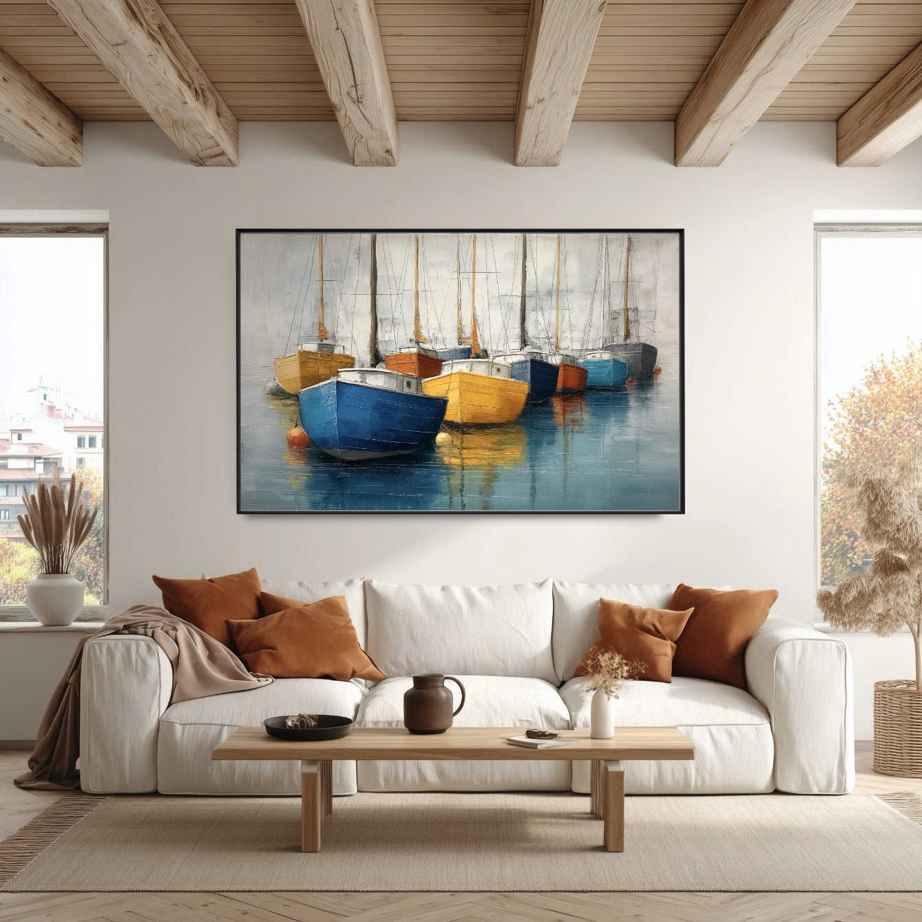Nautical boat painting brightens a cozy, rustic living area with exposed beams and a large white sofa with warm accents.