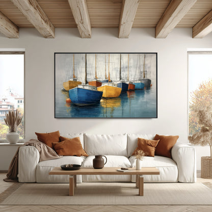 Nautical boat painting brightens a cozy, rustic living area with exposed beams and a large white sofa with warm accents.