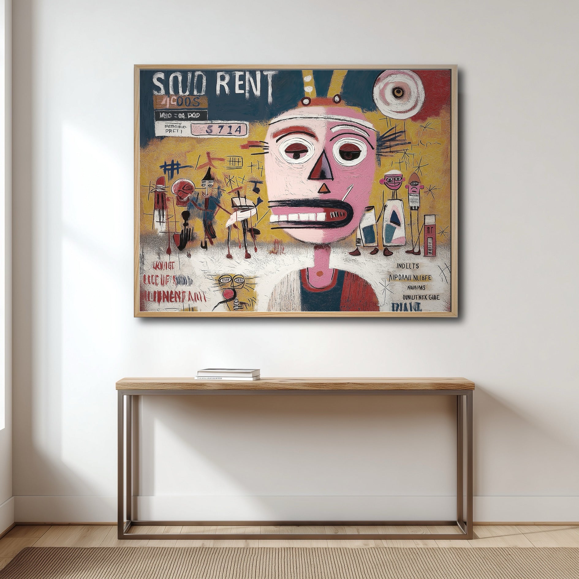 A large, horizontal neo-expressionist painting adds a bold, urban statement above a minimalist console table in a clean, modern entryway.