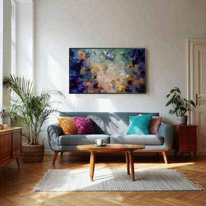 Vibrant abstract water painting above a mid-century modern sofa, tying together eclectic warm wood tones and colorful throw pillows.