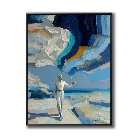 Original surreal coastal oil painting. Impasto figure walking on beach with abstract clouds. Modern blue wall art decor.