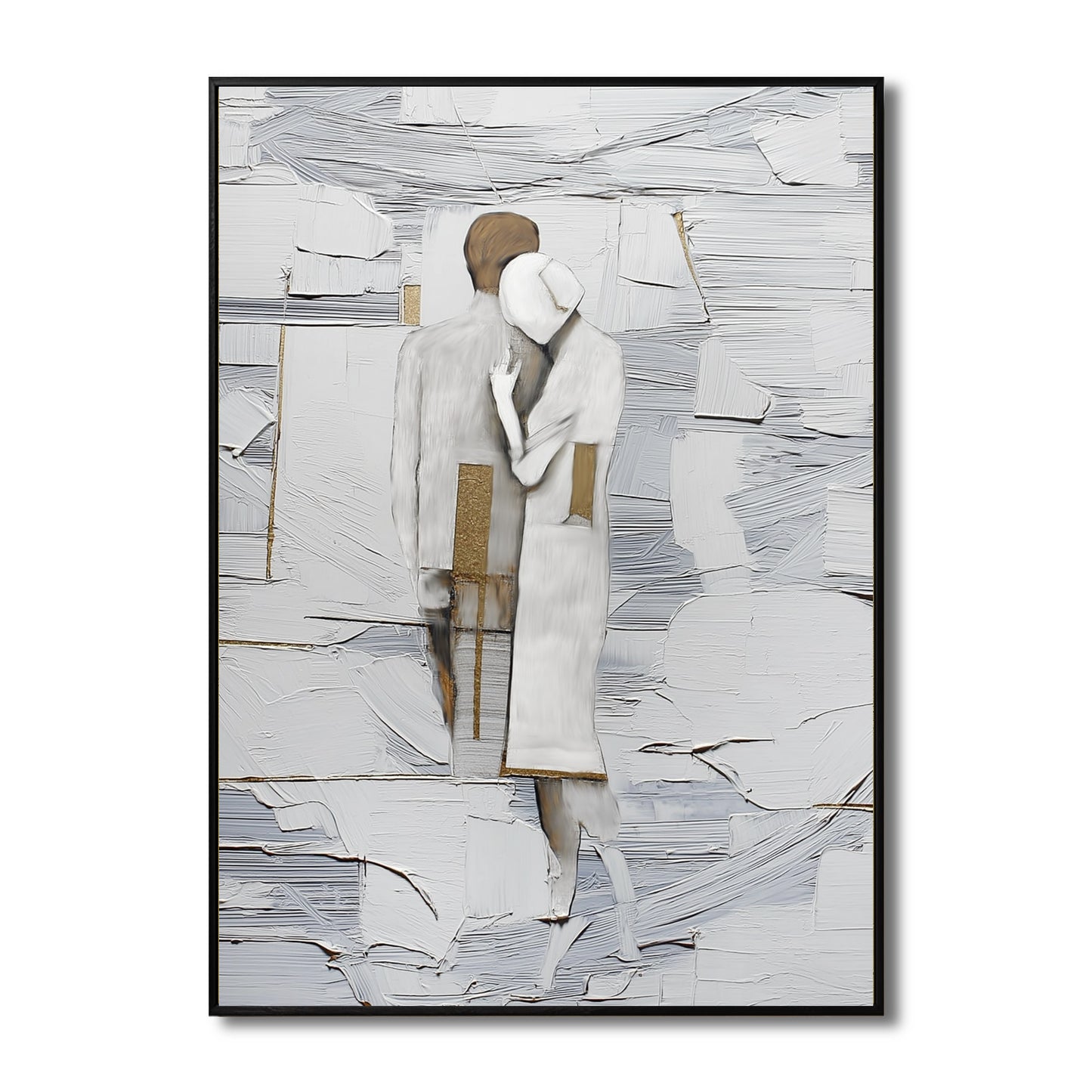 
Abstract painting of a couple embracing with a white and gold textured palette. A modern expression of love with elegant details.