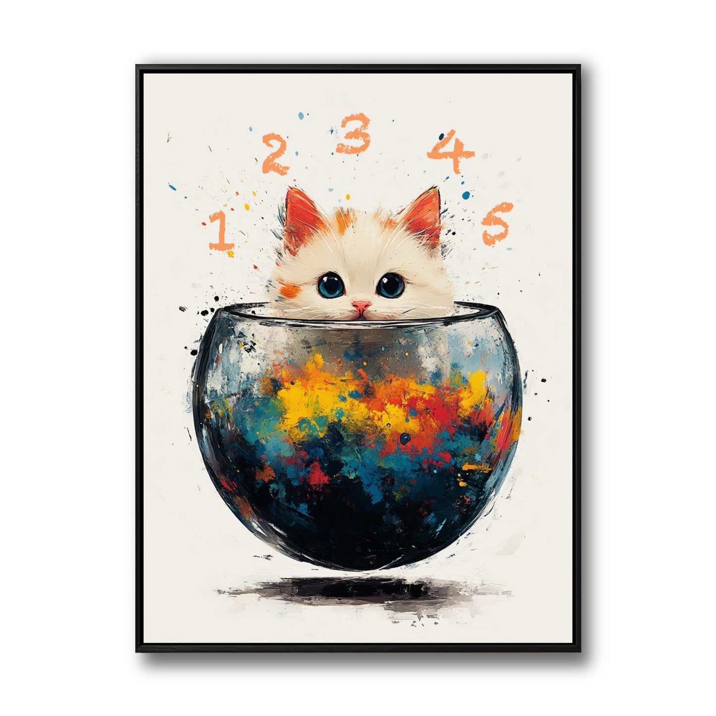 Original whimsical painting of a kitten in a colorful abstract bowl. Neutral background with warm and cool accents. Playful, modern vibes.