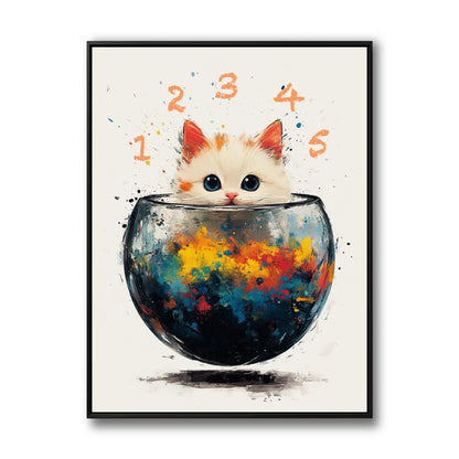 Original whimsical painting of a kitten in a colorful abstract bowl. Neutral background with warm and cool accents. Playful, modern vibes.
