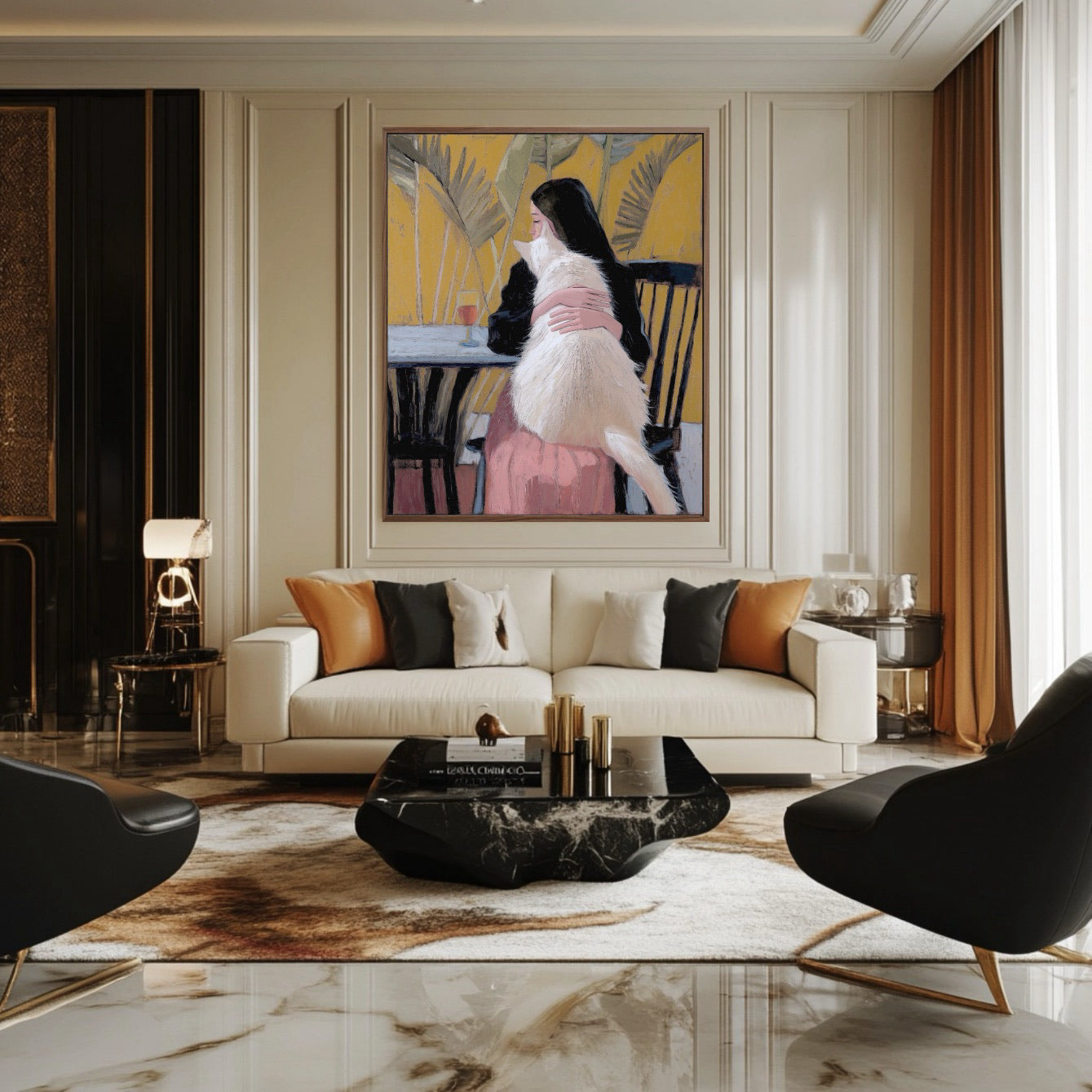 Original oil painting makes a statement in a luxurious living room. Black and white marble, gold accents, and a classic-modern sofa.