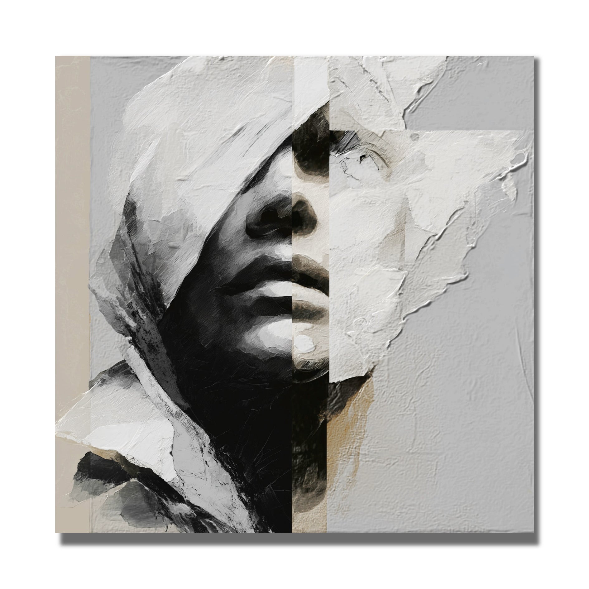 An original abstract painting of a deconstructed hooded face, combining high-contrast monochrome with neutral tones and texture.