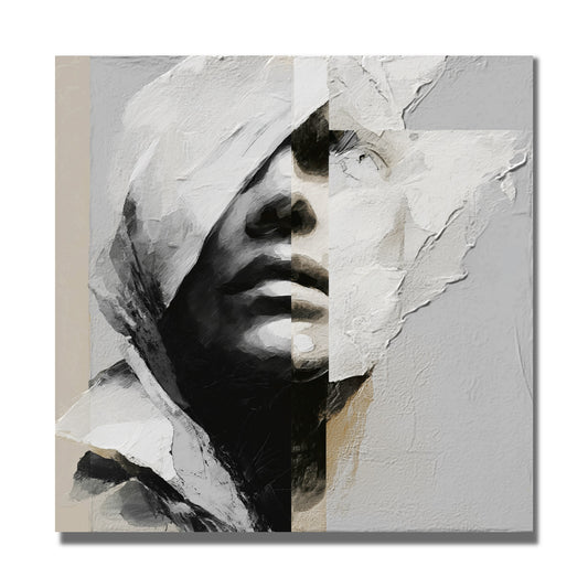 An original abstract painting of a deconstructed hooded face, combining high-contrast monochrome with neutral tones and texture.