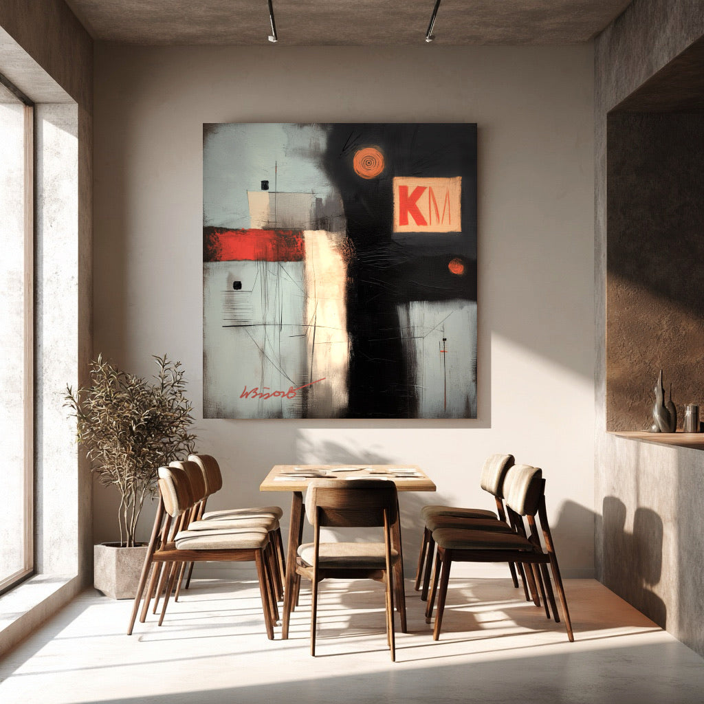 KM abstract art complements a mid-century modern wood dining set by a sunlit window in a minimalist, warm-toned dining nook.