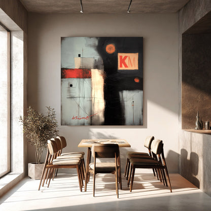 KM abstract art complements a mid-century modern wood dining set by a sunlit window in a minimalist, warm-toned dining nook.