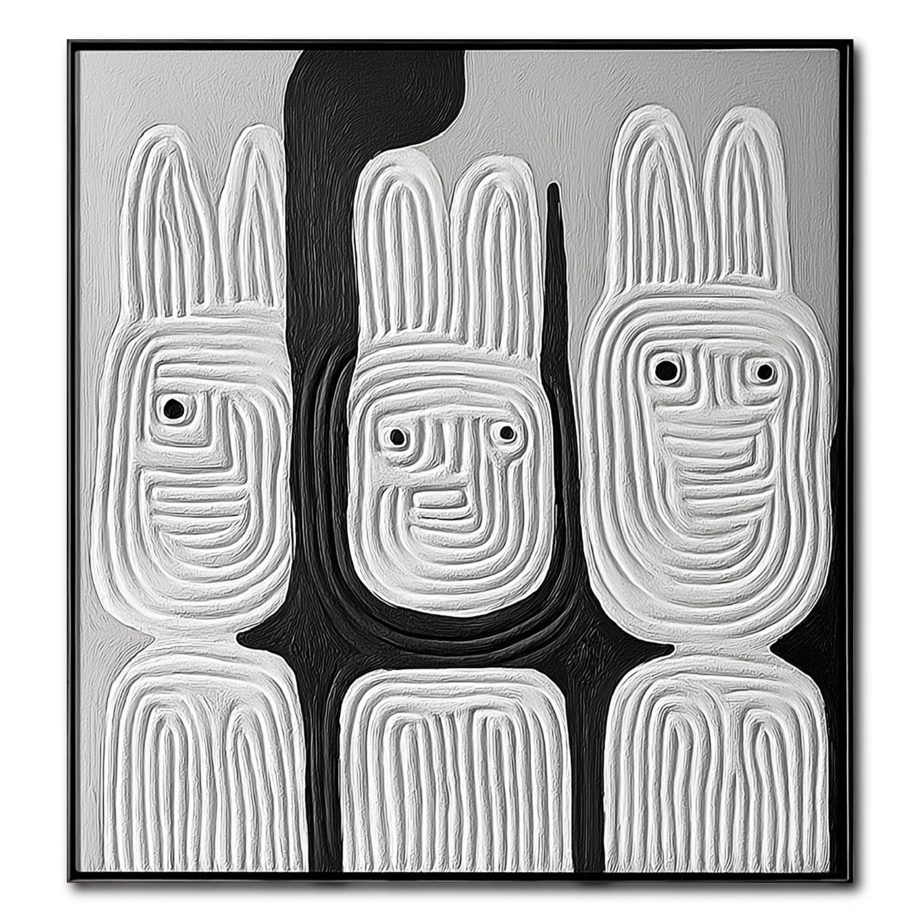 Original high-relief textured painting in black and white featuring three abstract, stylized rabbit figures, conveying a modern vibe. Neutral tone.