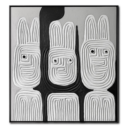 Original high-relief textured painting in black and white featuring three abstract, stylized rabbit figures, conveying a modern vibe. Neutral tone.