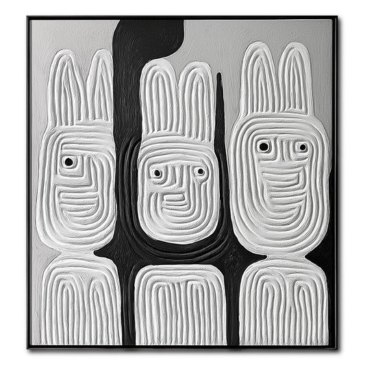 Original high-relief textured painting in black and white featuring three abstract, stylized rabbit figures, conveying a modern vibe. Neutral tone.