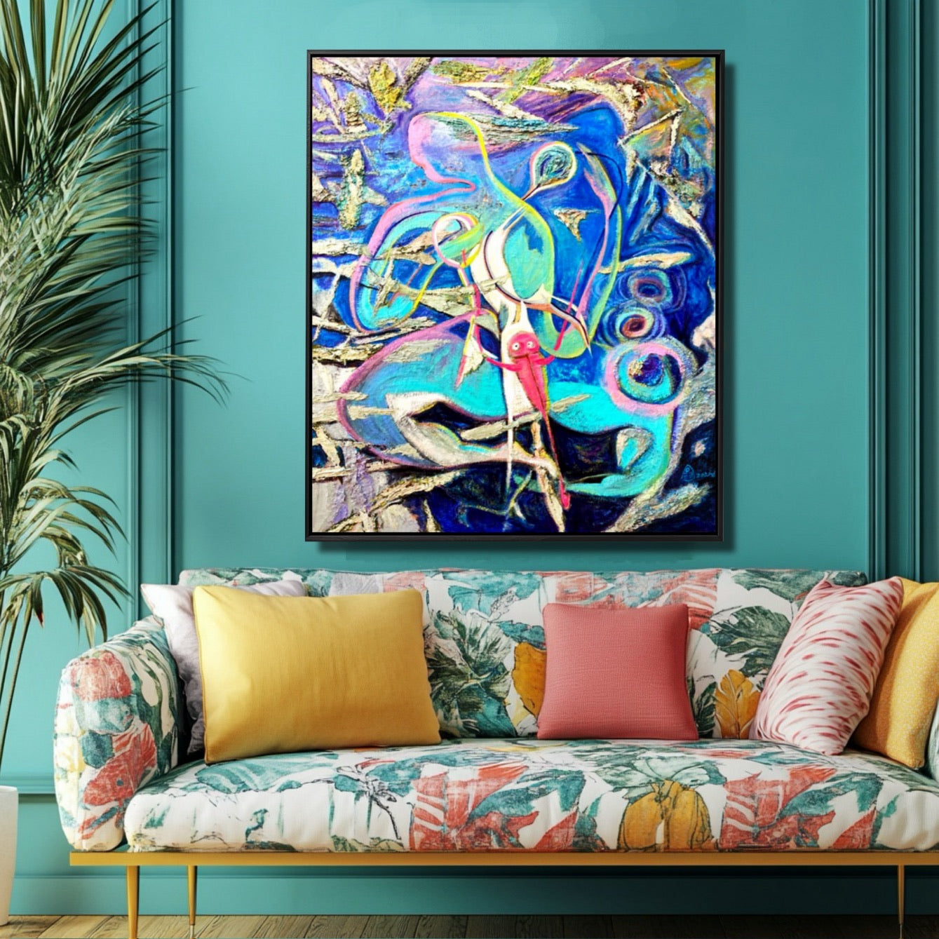 Colorful abstract painting on a teal wall above a patterned sofa with colorful cushions.