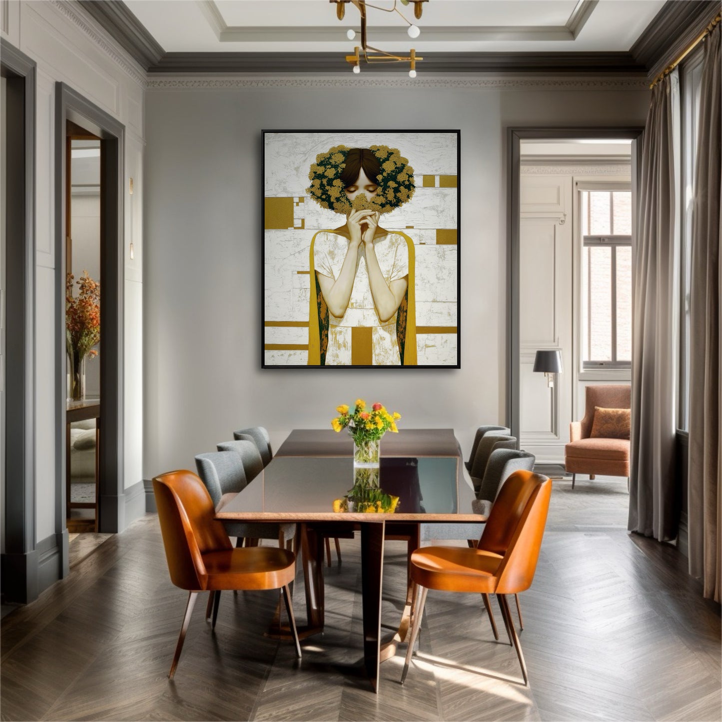 Contemporary textured portrait of a woman with a floral crown. Modern dining room wall art for a sophisticated, sleek interior with brown and gray tones.