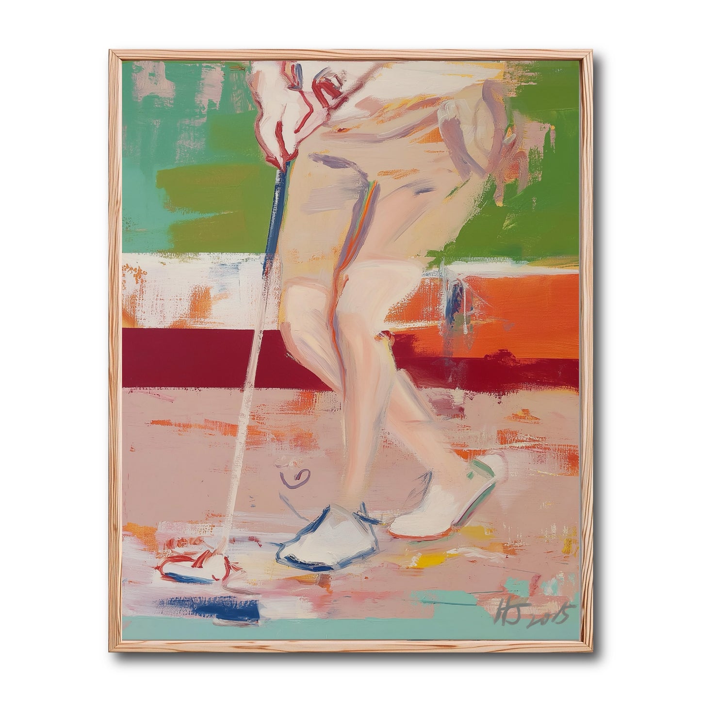 Original abstract golf painting of a putting stance. Warm pastel colors and loose strokes create a dynamic, artistic vibe.