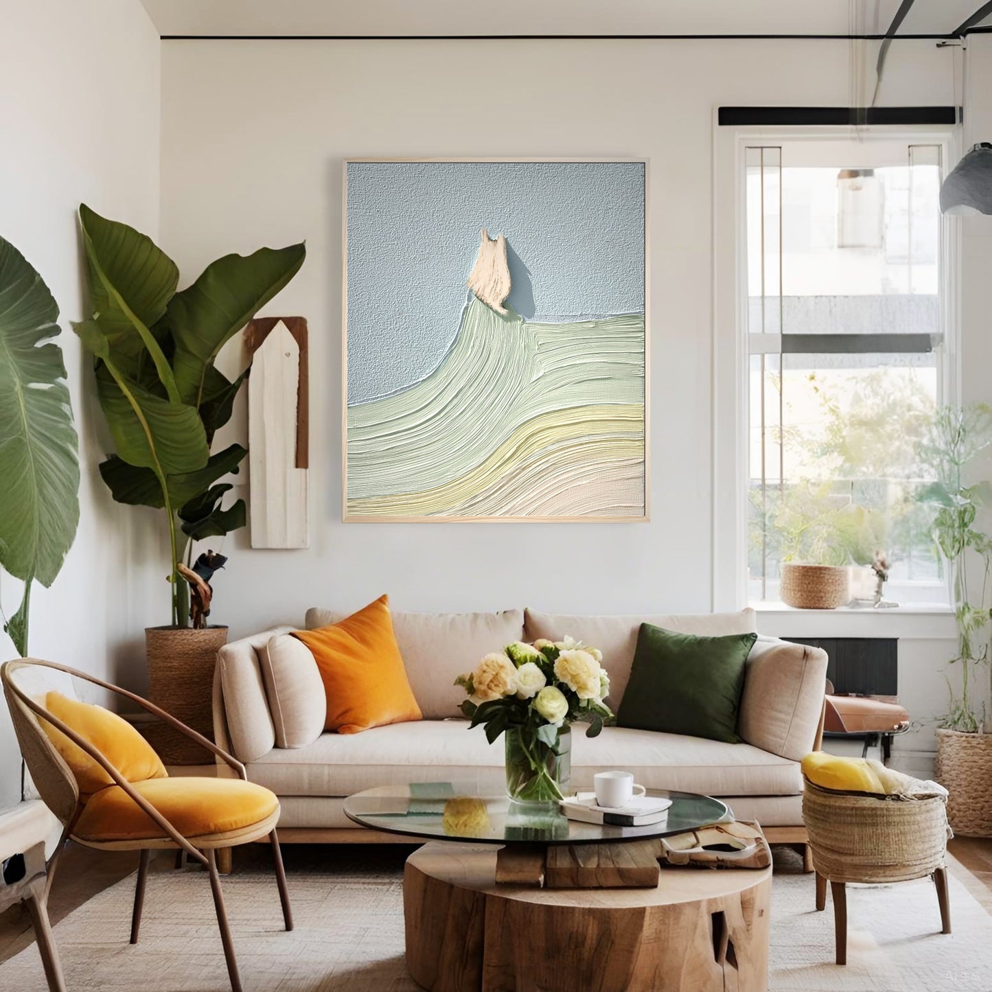 Abstract cat landscape fine art complements the natural tones and jungle plants in a bright, bohemian-style living room.