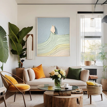 Abstract cat landscape fine art complements the natural tones and jungle plants in a bright, bohemian-style living room.