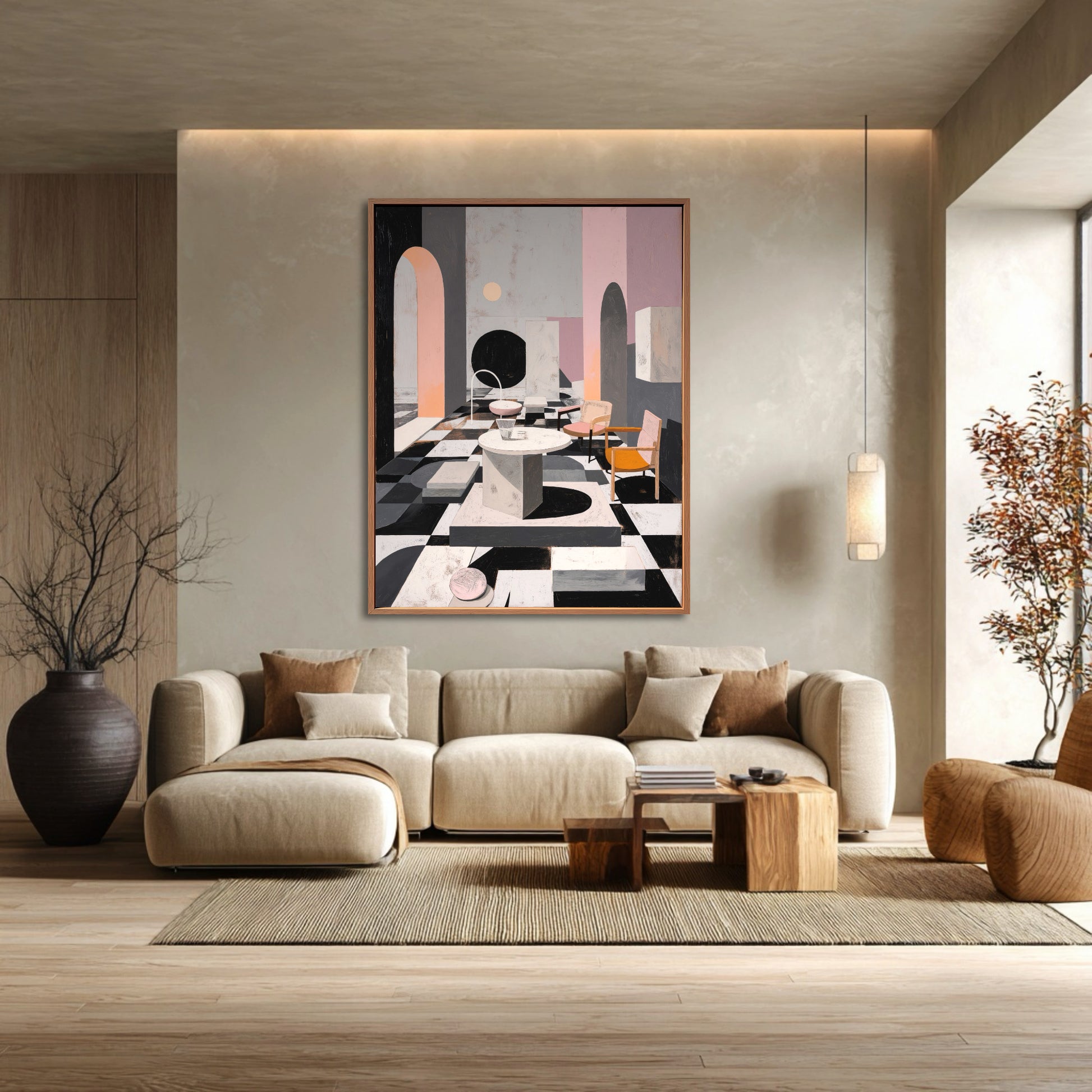 Large original architectural painting dominates the living room, complementing the oversized, neutral-toned modular sofa and earthy vibe.
