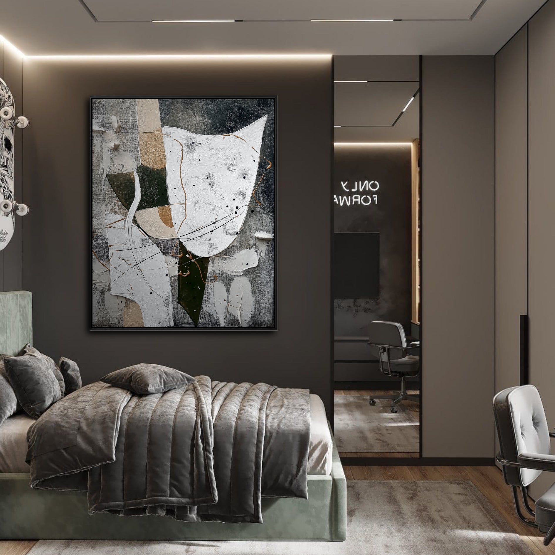 Textured abstract art hangs in a modern, moody bedroom, its neutral tones elevating the sophisticated and dark interior design scheme.