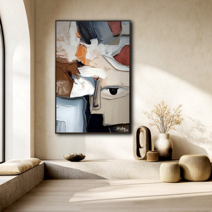 The painting's earthy tones and impasto texture enhance the serene, wabi-sabi feel of this minimalist space with its arched window and natural light.