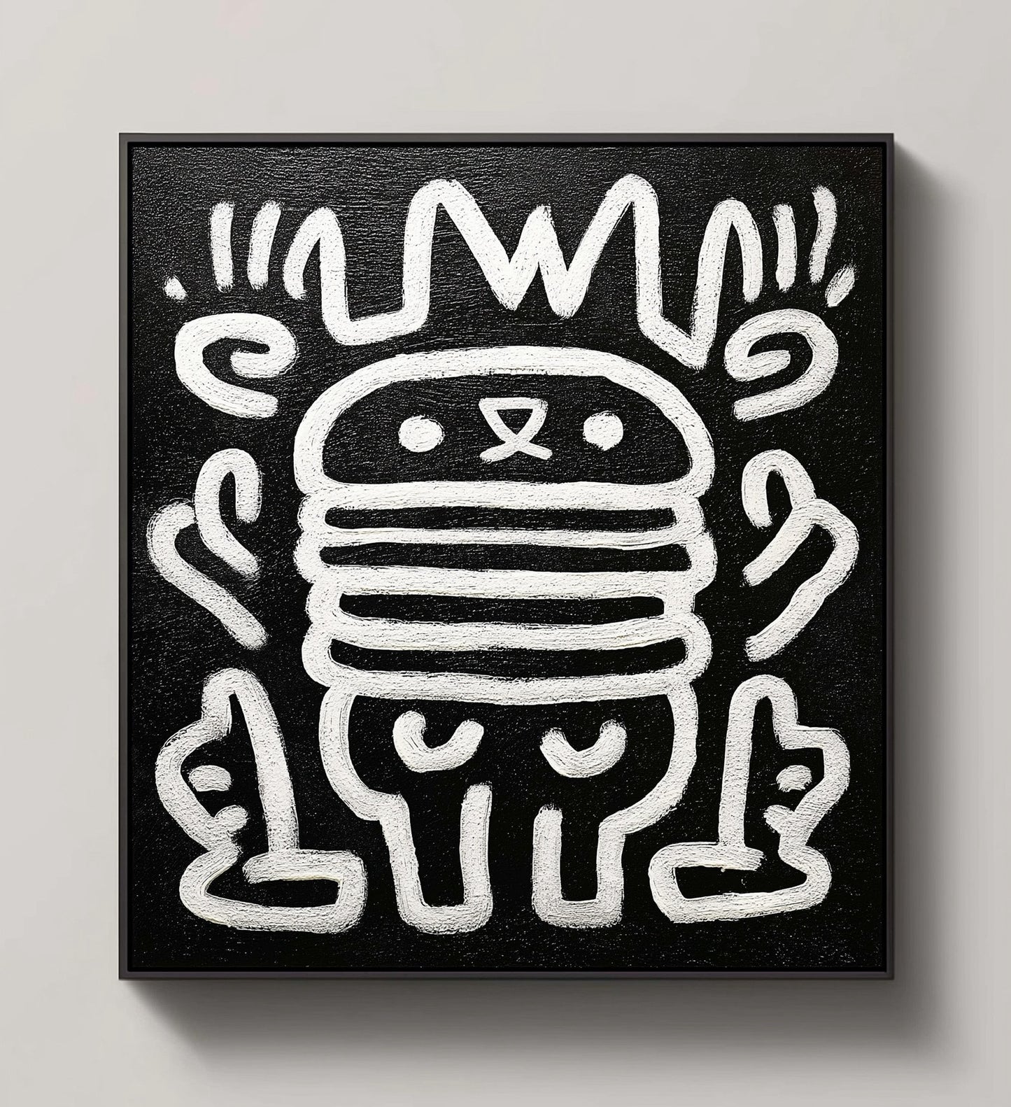 Original modern art canvas: black background with thick white lines depicting a crowned, abstract burger-like character.
