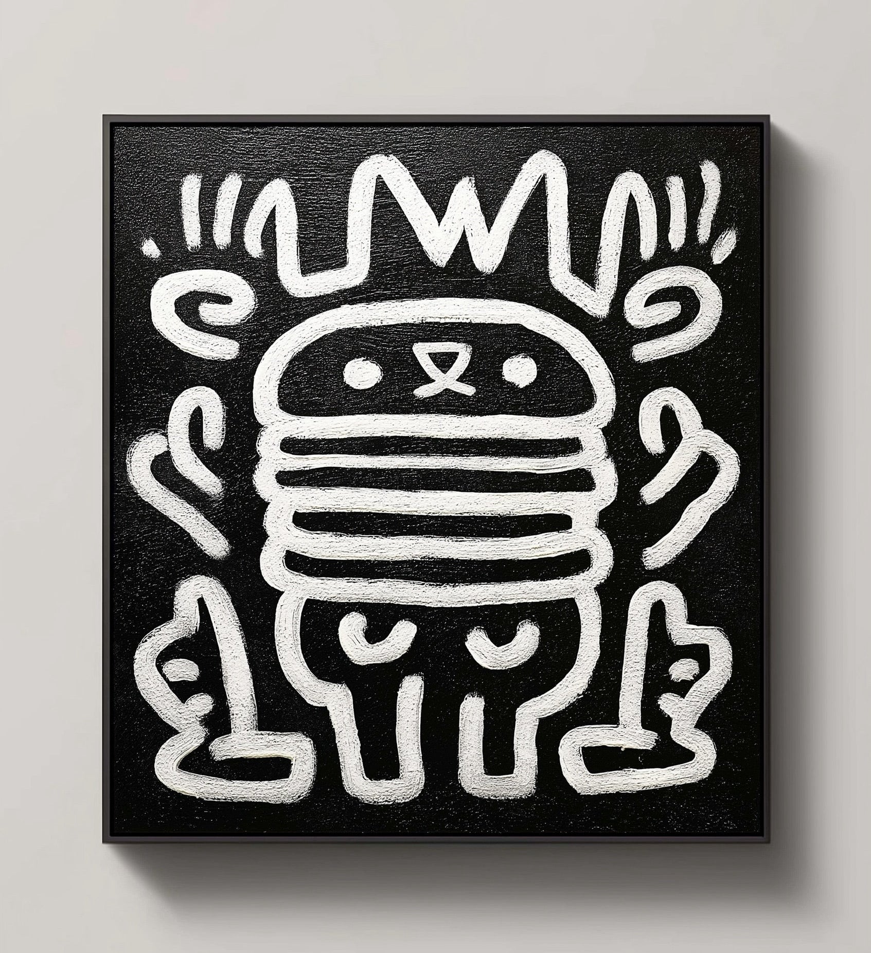 Original modern art canvas: black background with thick white lines depicting a crowned, abstract burger-like character.