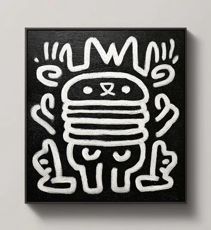 Original modern art canvas: black background with thick white lines depicting a crowned, abstract burger-like character.