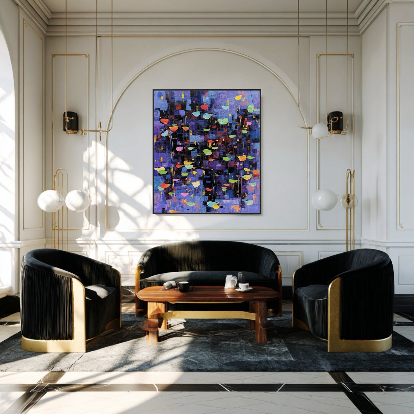 Abstract Expressionist painting dramatically anchors an elegant room with black velvet chairs, gold trim, and arched architectural details.